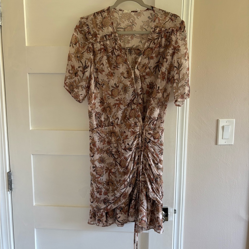 Veronica Beard Dakota Floral Print Silk Metallic Wrap Ruched Ruffle Dress Size 2